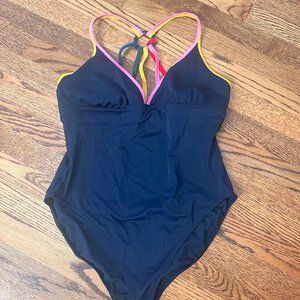 Boden Strappy Back One Piece Swimsuit size 14 Dark Navy Rainbow multi straps